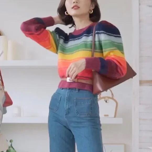 Zara Rainbow Cropped Sweater Puff Long Sleeve Striped Wool Blend Pullover Size S - Picture 3 of 14